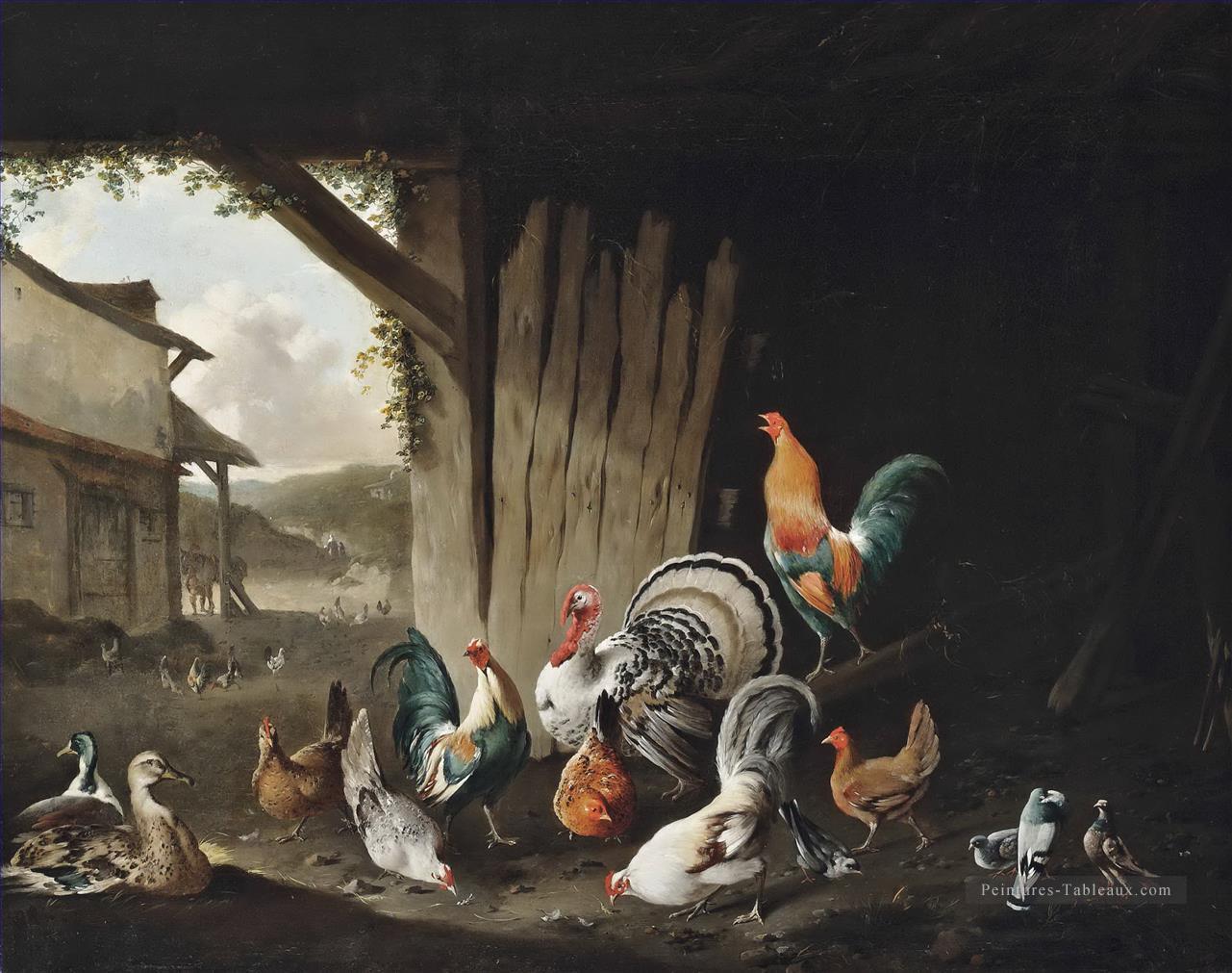 Turkeys poulets canards et pigeons dans une ferme Philip Reinagle volaille Peintures à l'huile